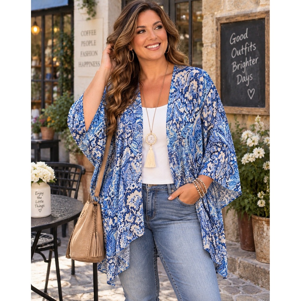 Chicos Womens Blue Paisley Kimono Wrap Cardigan Top L/XL Viscose Boho
